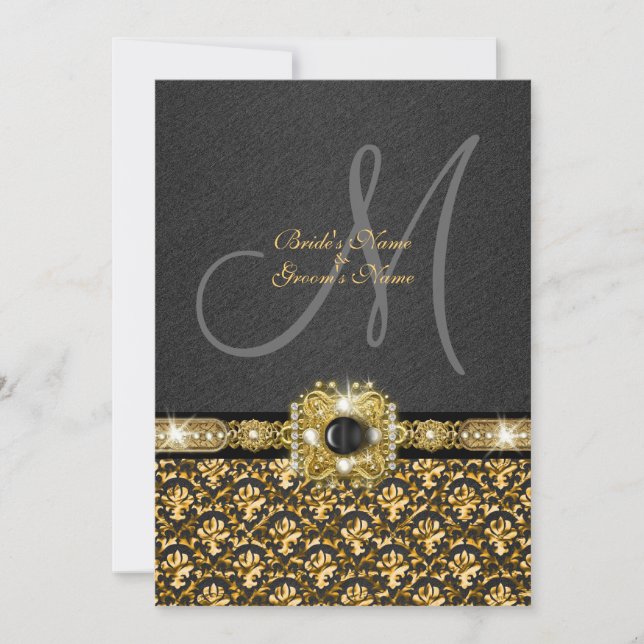 Invitation mariage damassé d'or noir (Devant)