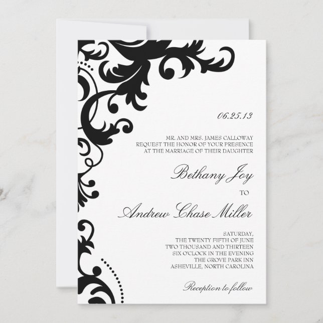 Invitation Mariage damassé Elegant noir et blanc (Devant)