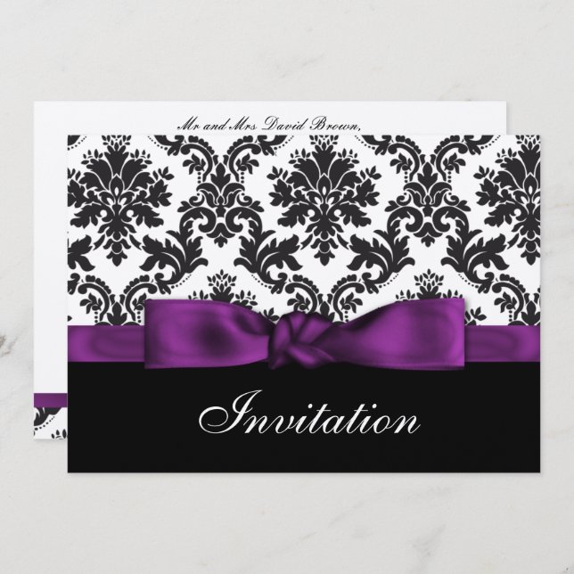 invitation mariage damassé en argent violet (Devant / Derrière)
