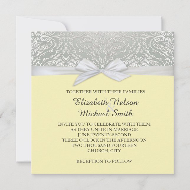Invitation Mariage damassé en dentelle jaune/argen (Devant)