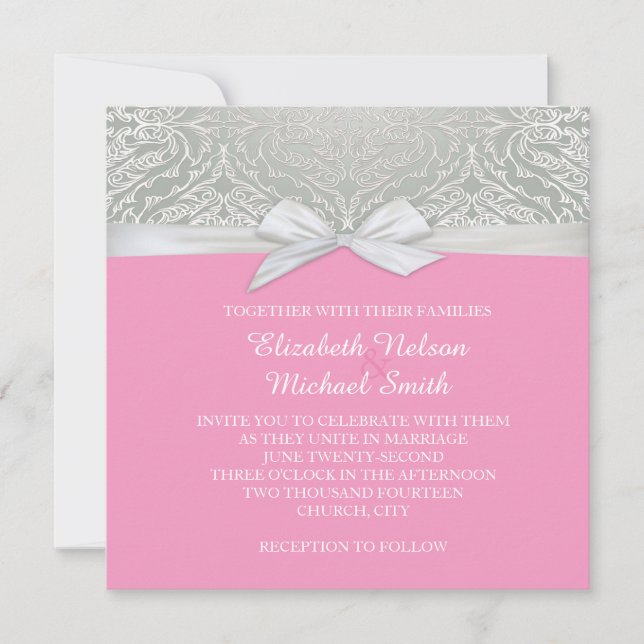 Invitation Mariage damassé en dentelle rose/argent (Devant)