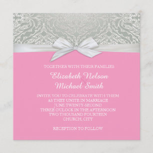 Invitation Mariage damassé en dentelle rose/argent
