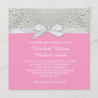 Invitation Mariage damassé en dentelle rose/argent