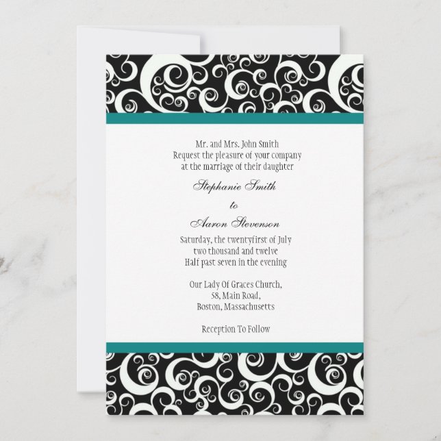 Invitation Mariage damassé en noir et blanc avec T (Devant)