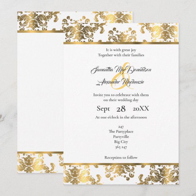 Invitation Mariage damassé en or et blanc (Devant / Derrière)
