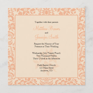Invitation Mariage damassé floral de corail ou de pêche et