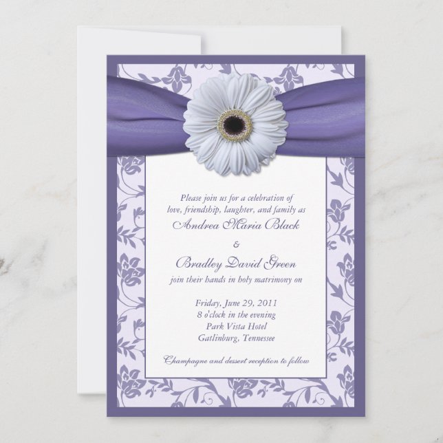 Invitation Mariage damassé Florale Blanche et Viol (Devant)
