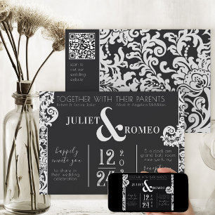 Invitation Mariage damassé florale moderne noir et blanc