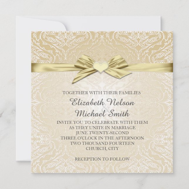 Invitation Mariage damassé Gold Sparkle Heart (Devant)