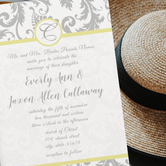Invitation Mariage damassé gris clair et jaune Iri (Créateur téléchargé)