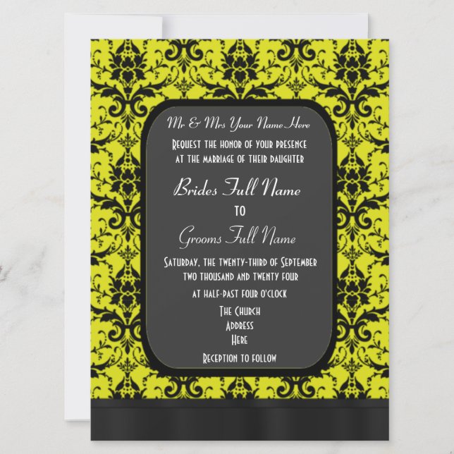 Invitation Mariage damassé jaune et noire (Devant)