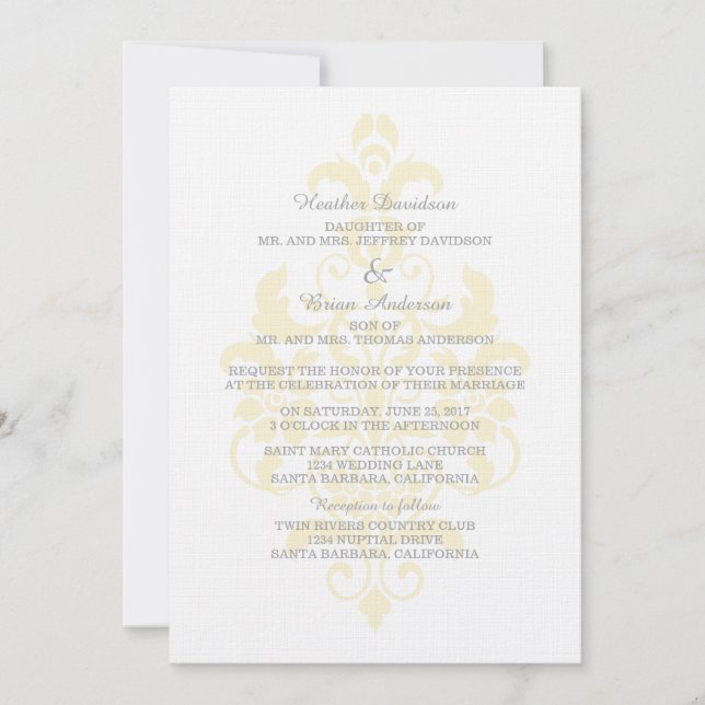 Invitation Mariage damassé jaune subtil (Devant)