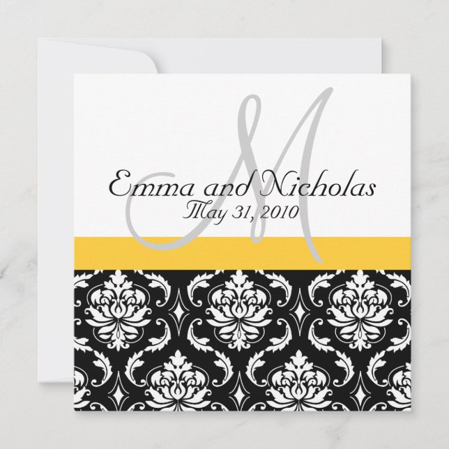 Invitation Mariage damassé Monogramme Jaune (Devant)