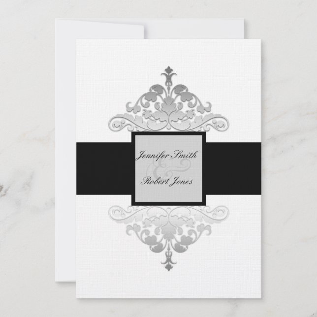 Invitation Mariage damassé noir et argent blanc (Devant)