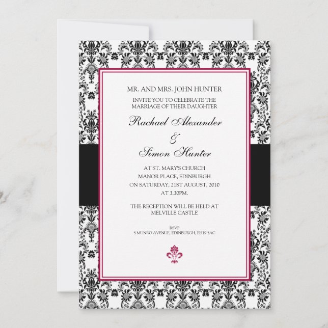 Invitation Mariage damassé noir et blanc (Devant)