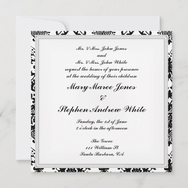 Invitation mariage damassé noir et blanc (Devant)