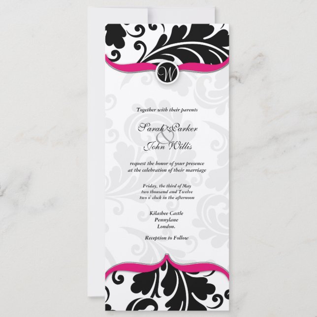 Invitation Mariage damassé noir et blanc avec rose (Devant)