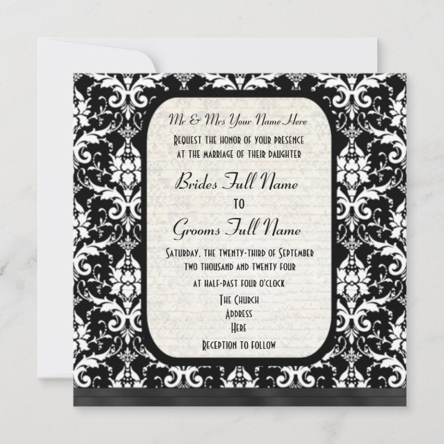 Invitation Mariage damassé noir et blanc formel traditionnel (Devant)