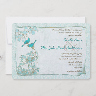 Invitation Mariage Damassé Oiseaux Turquoise Bleu Aqua Vintag