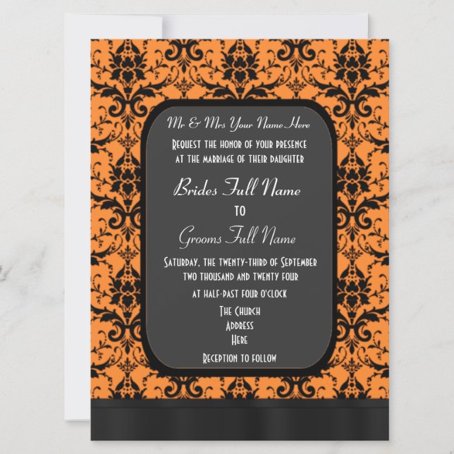 Invitation Mariage damassé orange et noire (Devant)