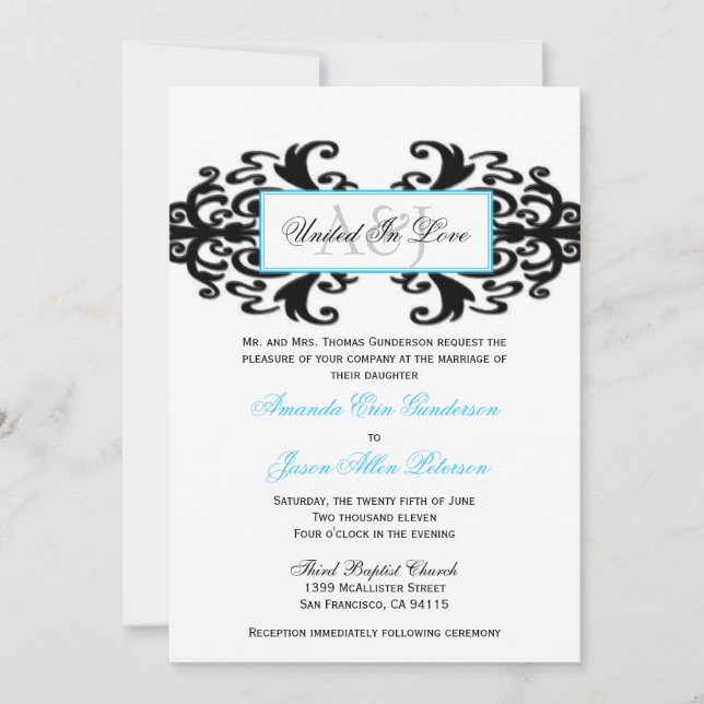 Invitation Mariage damassé ornemental monogrammé (Devant)