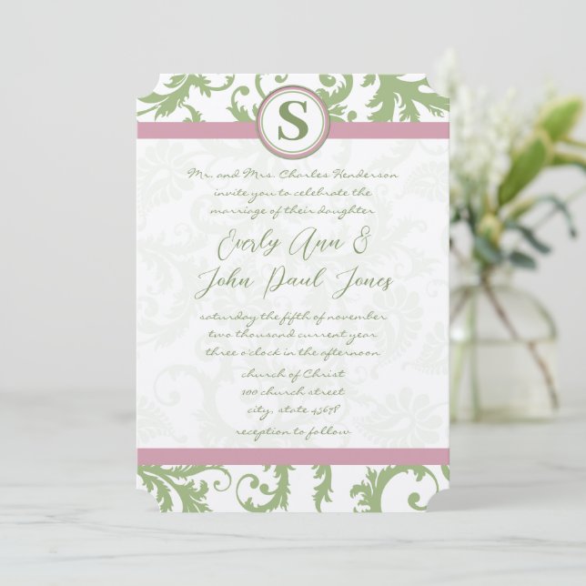 Invitation Mariage damassé Pistachio Pink Lavender (Debout devant)