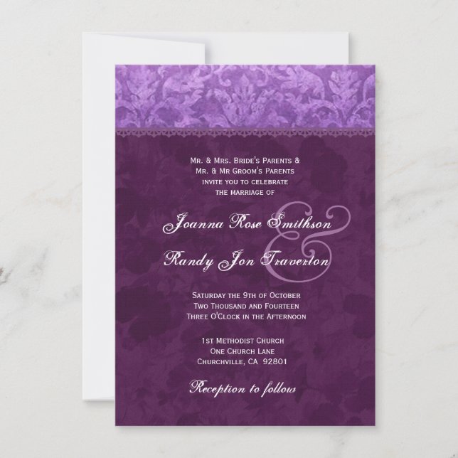 Invitation Mariage damassé pourpre Ver 003B (Devant)