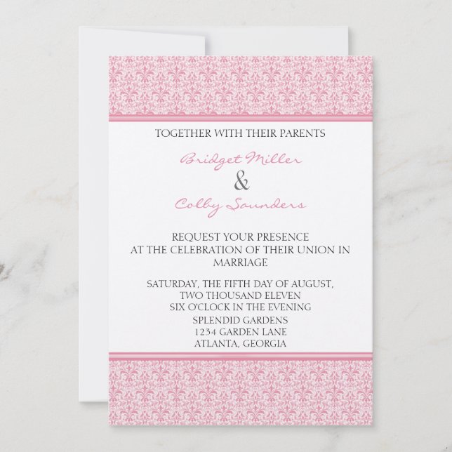 Invitation Mariage damassé romantique, rose pétale (Devant)