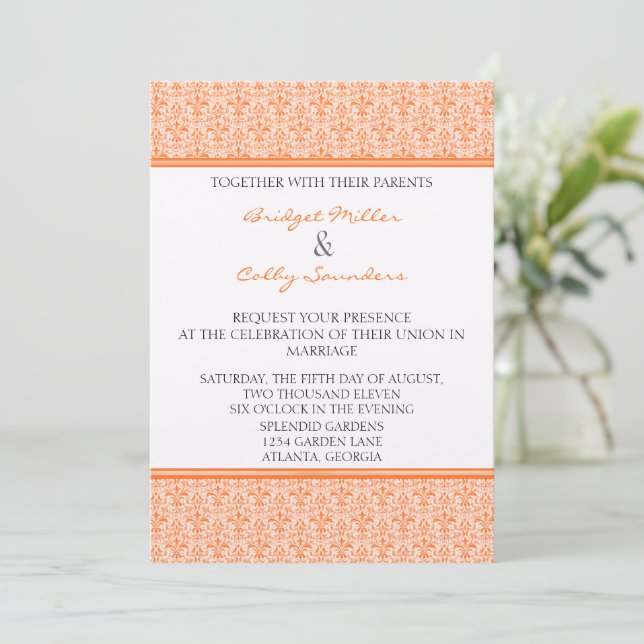 Invitation Mariage damassé romantique, Tangerine (Debout devant)