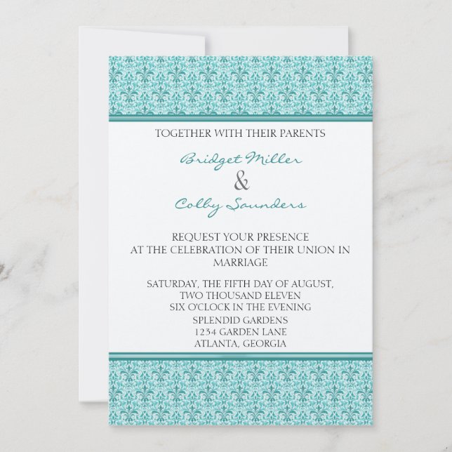 Invitation Mariage damassé romantique, Turquoise (Devant)