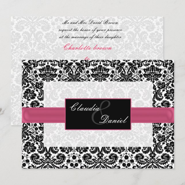 invitation mariage damassé rose (Devant / Derrière)