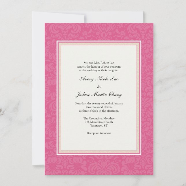 Invitation Mariage damassé rose (Devant)