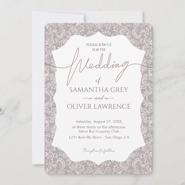 Invitation Mariage damassé rose et gris (Devant)