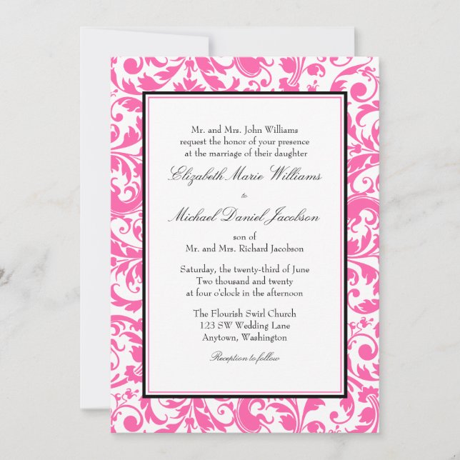 Invitation Mariage damassé rose et noire (Devant)