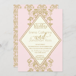 Invitation Mariage damassé rose et or