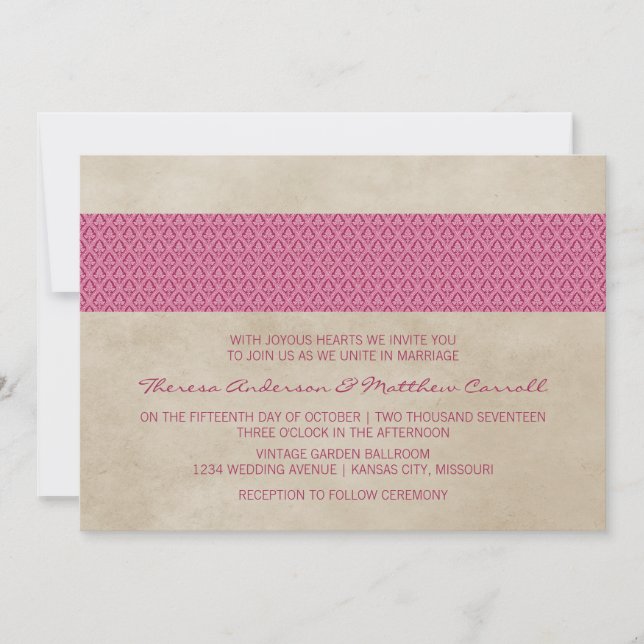 Invitation Mariage damassé rose rustique (Devant)
