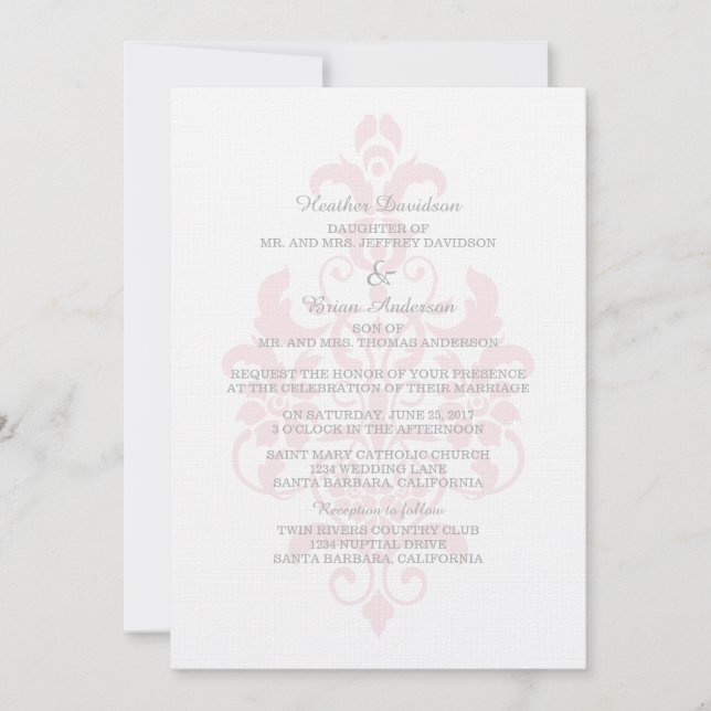 Invitation Mariage damassé rose subtil (Devant)
