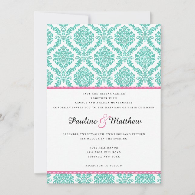 Invitation Mariage damassé rose turquoise chic (Devant)