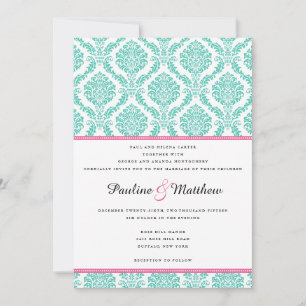 Invitation Mariage damassé rose turquoise chic
