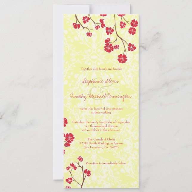 Invitation mariage damassé rouge chic + jaune flor (Devant)