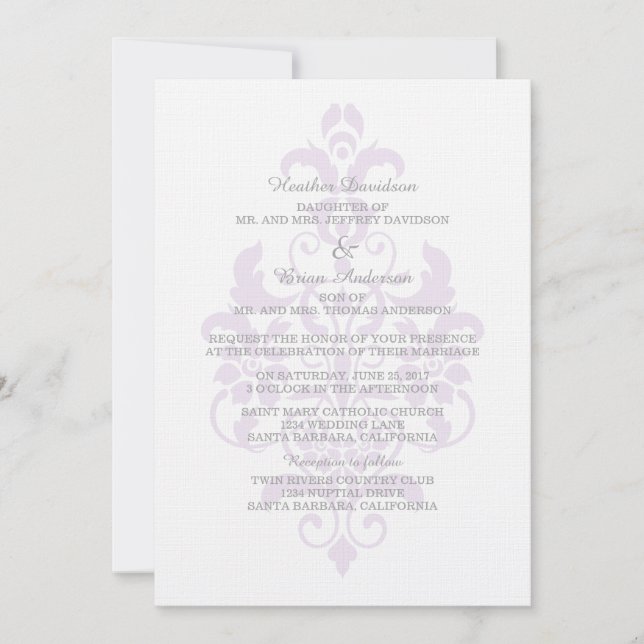 Invitation Mariage damassé subtil violet (Devant)