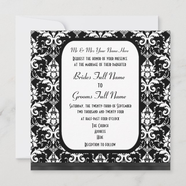 Invitation Mariage damassé traditionnelle en noir et blanc (Devant)