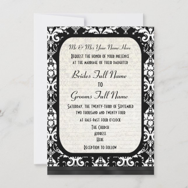 Invitation Mariage damassé traditionnelle en noir et blanc (Devant)