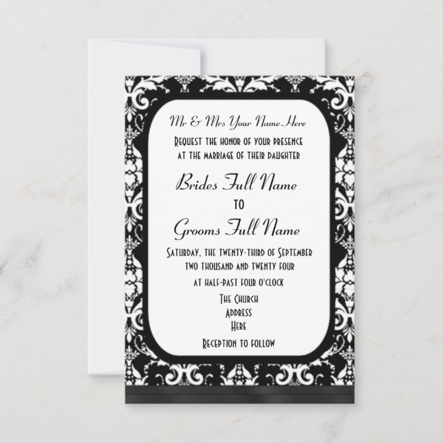 Invitation Mariage damassé traditionnelle en noir et blanc (Devant)