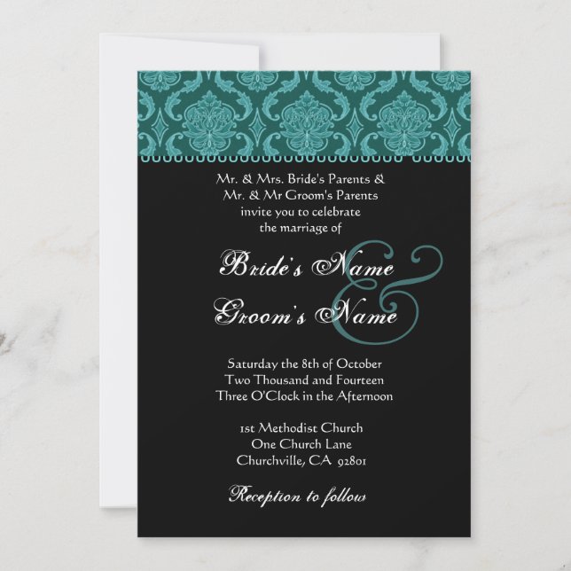 Invitation Mariage damassé Turquoise (Devant)