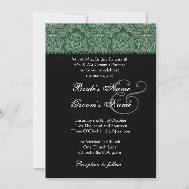 Invitation Mariage damassé verte et blanche noire (Devant)