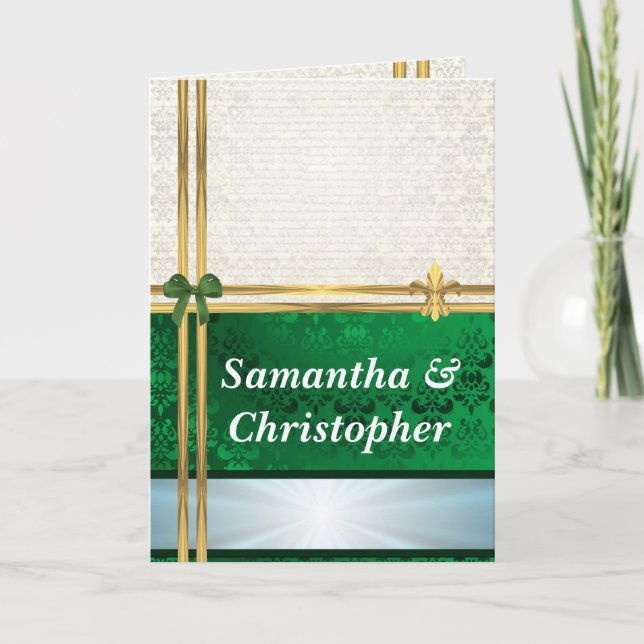 Invitation mariage damassé verte et crème (Devant)