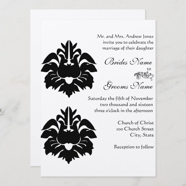 Invitation Mariage damassé victorienne noire (Devant / Derrière)