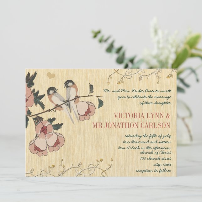Invitation Mariage damassé vintage cerisier mésange (Debout devant)