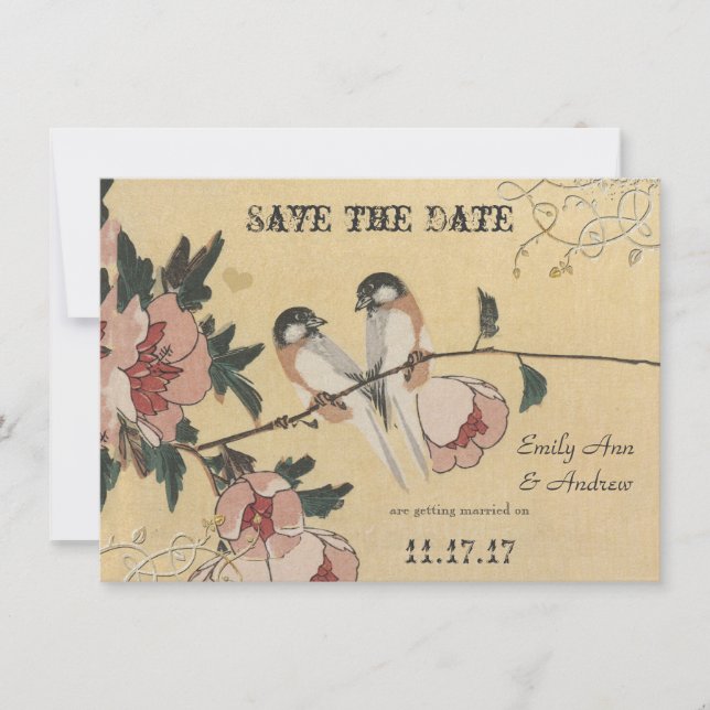 Invitation Mariage damassé vintage cerisier mésange (Devant)